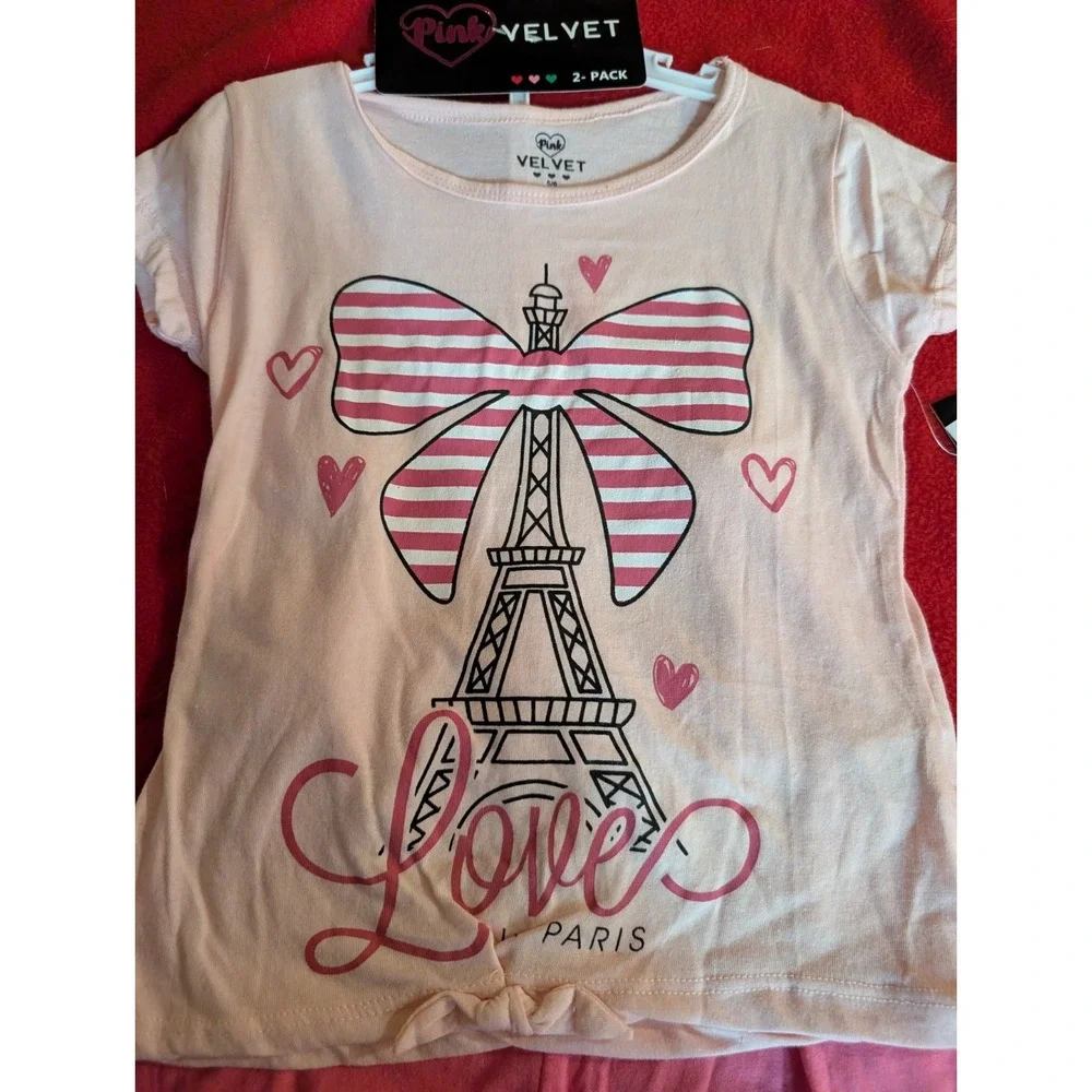 Pink Velvet Girls 2 Piece Shorts Set Paris Eiffel Tower Pink Sangria Sz 5/6 NWT